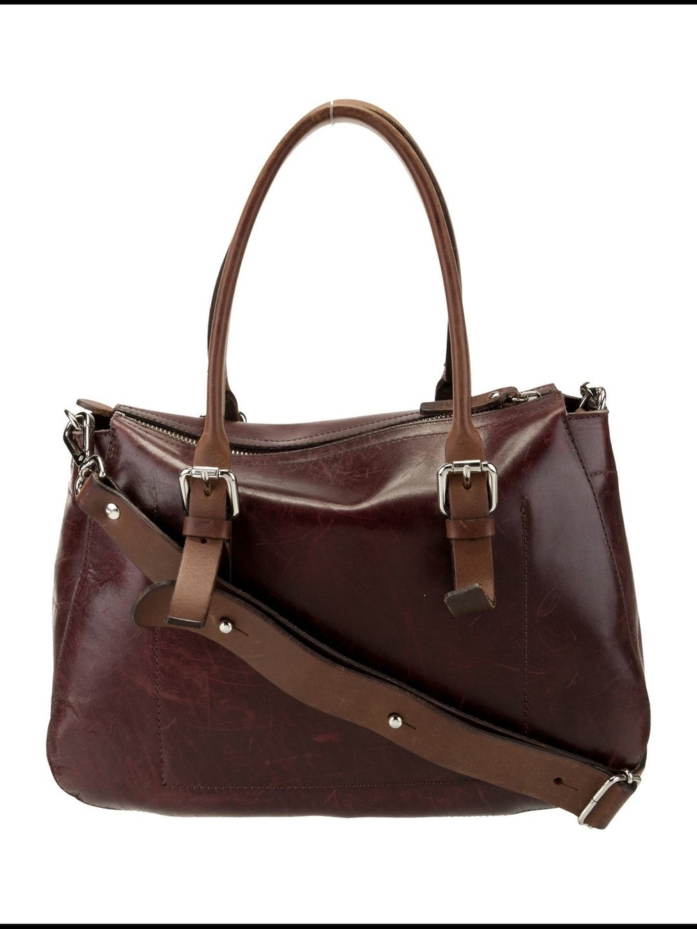 M0851 Two-Tone Leather Shoulder Bag in Burgundy and Brown - Picture 2 of 6